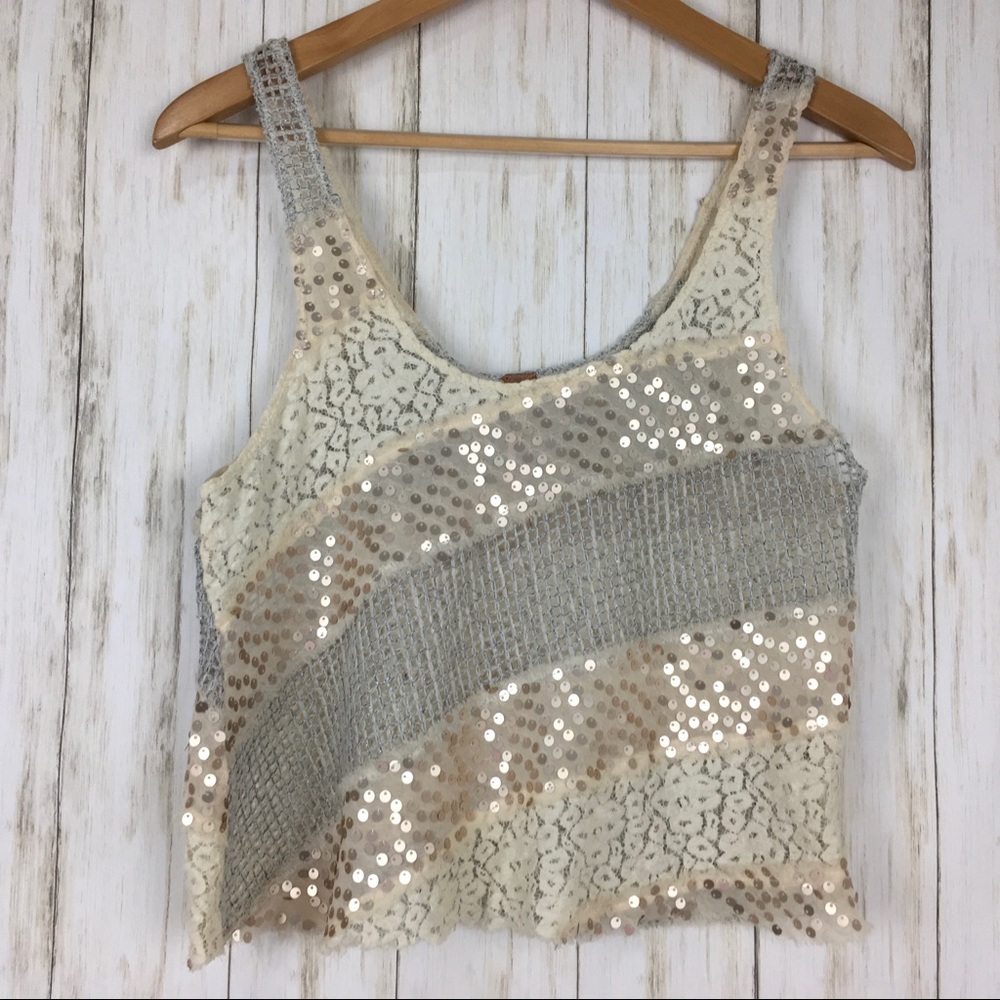Free People Sequin Lace Crochet Crop Tank Top